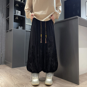 风G龙纹暗纹新中式保暖金丝绒阔腿束脚裤男K255-P68控88图片