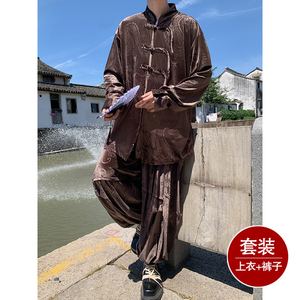 新中式A盘扣龙纹金丝绒衬衫夹克折褶阔腿裤套装男TZ181-P146控168图片