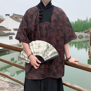 风新中式B盘扣大V领唐装树叶印花短袖t桖复古民族风T58-P68控88图片