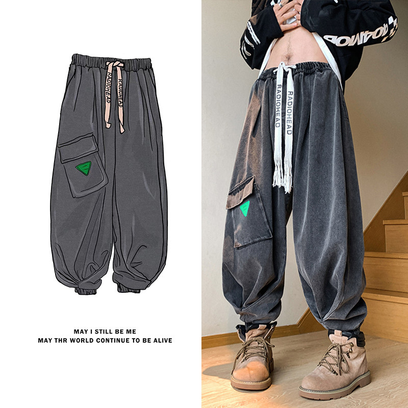 美式高街H复古工装大口袋牛仔裤设计感束脚冲锋裤K102-P88控118,男装牛仔裤,电商A005-1