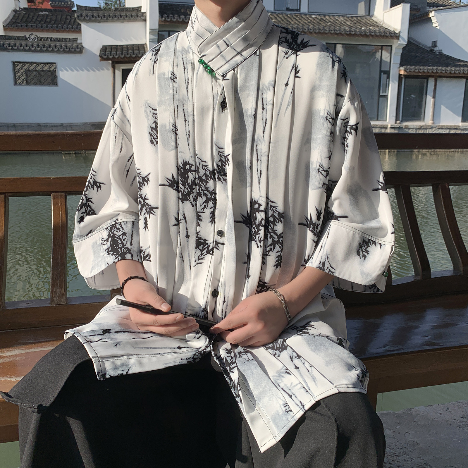 新中式F风树叶冰丝复古珍珠扣立领小众中袖衬衫男CS67-P70控98,男装衬衫,电商A005-1