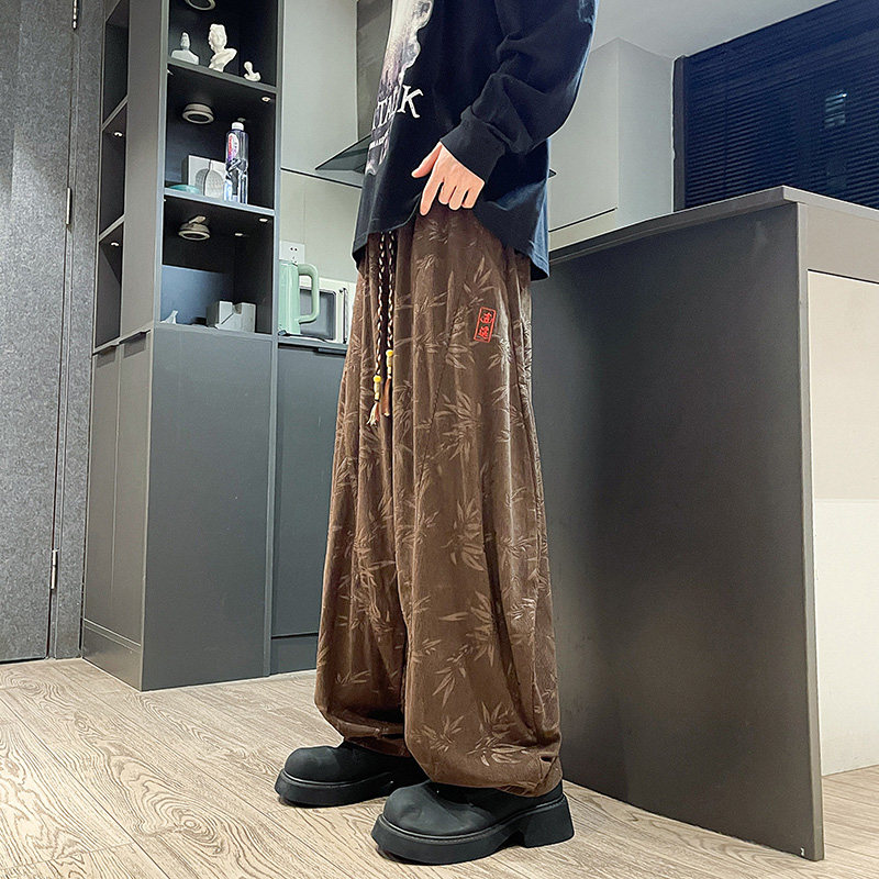 风G刺绣树叶印花灯芯绒大桶裤宽松长裤萝卜裤男K201-P68控88图片