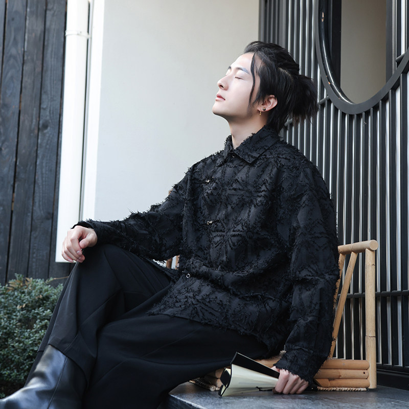 风E潮风新中式毛边长袖衬衫男宽松小众上衣CS23-P85控108,男装衬衫,电商A005-1
