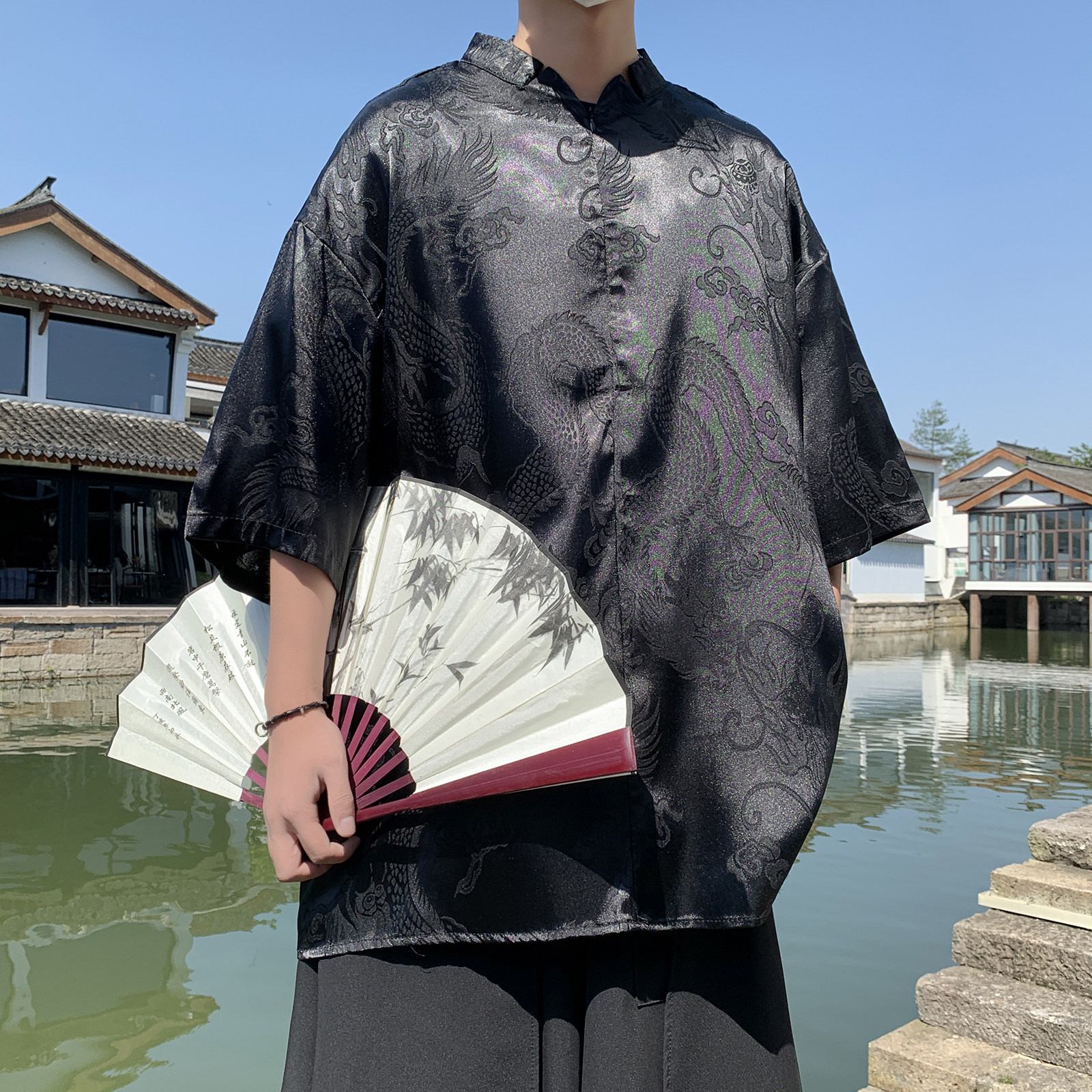 新中式F风小高领拉链领提花小众设计龙纹冰丝t恤T62-P70控98,男装T恤,电商A005-1