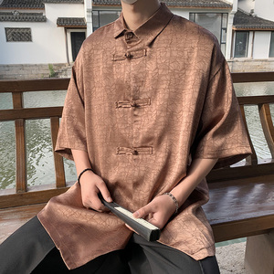 改良新中式E龟裂纹香云纱提花冰丝短袖盘扣衬衫男CS63-P68控88图片