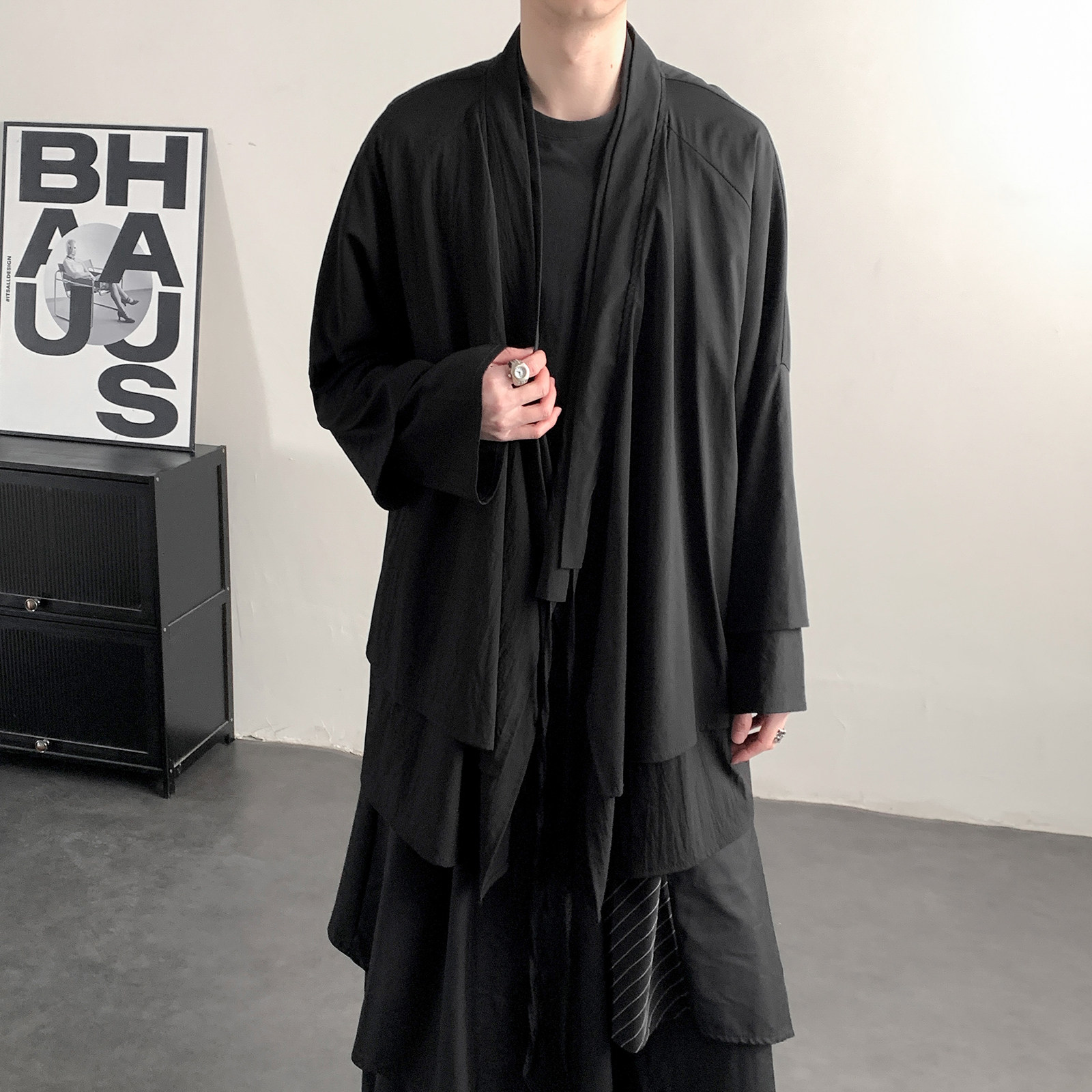 新中式B假两件设计感道袍宽松开衫中长款汉服男披风FY09-P95控118，男装民族服装，电商A005-1