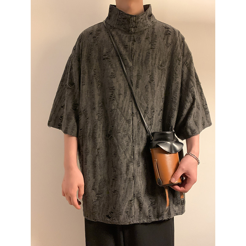 风H新中式风高领盘扣破洞镂空乞丐装冰丝t恤T35-P68控88，男装T恤，电商A005-1