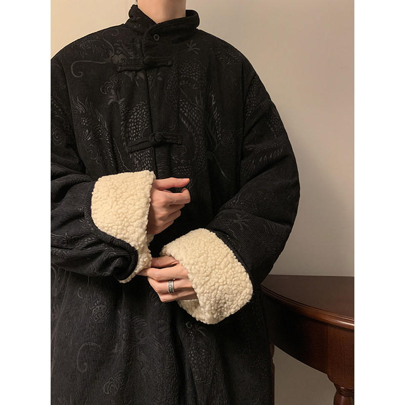 新中式A斜领盘扣龙纹暗花灯芯绒羊羔毛夹克棉衣服JK19-P135控158,男装夹克,电商A005-1
