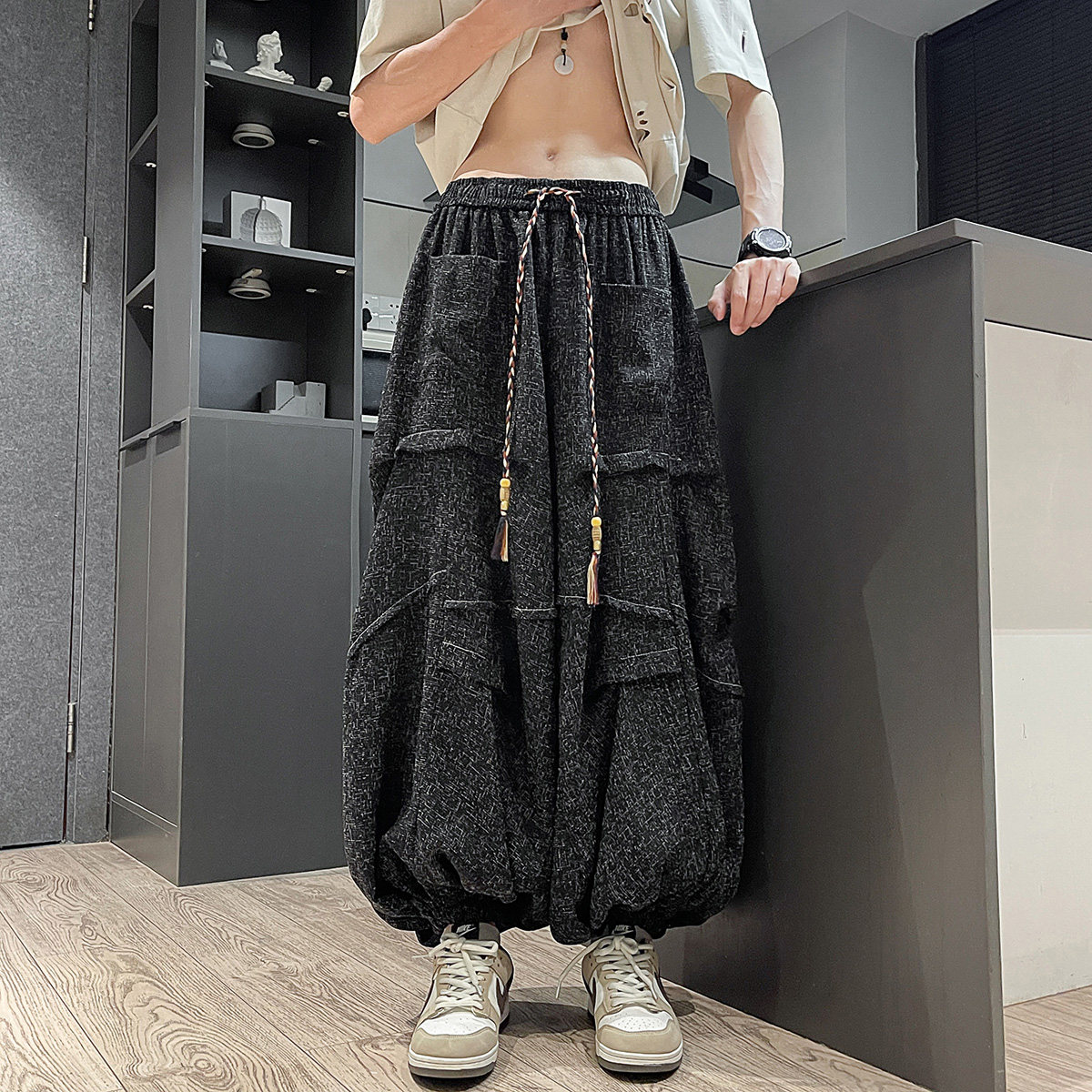 新中式暗黑B冰丝垂感折褶小众设计宽松阔腿裤男K227-P70控88,男装休闲裤,电商A005-1