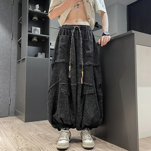 新中式暗黑E冰丝垂感折褶小众设计宽松阔腿裤男K227-P70控88图片