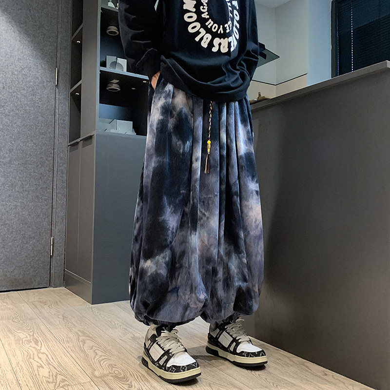 新中式C水墨扎染灯芯绒小众阔腿束脚哈伦裤K133-P78控98图片