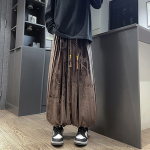风I龙纹暗纹新中式保暖金丝绒阔腿束脚裤男K255-P68控88图片