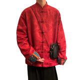 风红色衬衫春秋季高级感提花设计感盘扣唐装外套CS82-P68控88，男装衬衫，电商A005-1