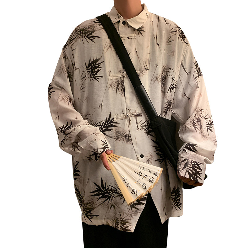 新中式风A冰丝水墨竹子树叶盘扣小众设计衬衫t恤男CS19-P68控88,男装T恤,电商A005-1