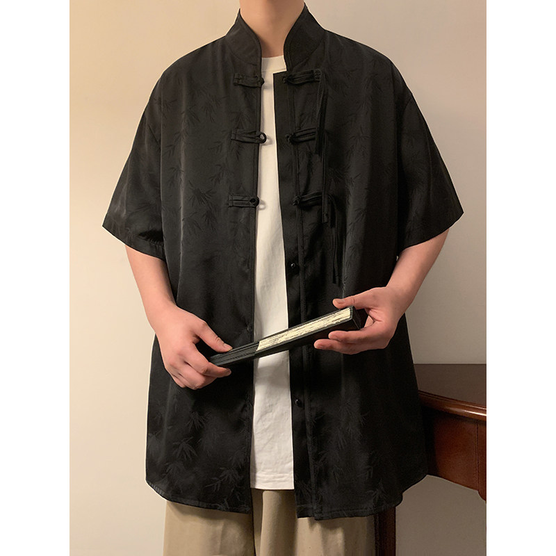 新中式B风盘扣小众树叶暗纹提花冰丝短袖衬衫男CS72-P68控88图片