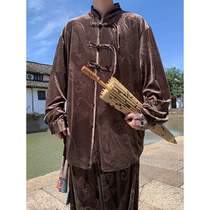 新中式J盘扣小众设计龙纹暗花金丝绒衬衫夹克外套男JK27-P68控88图片