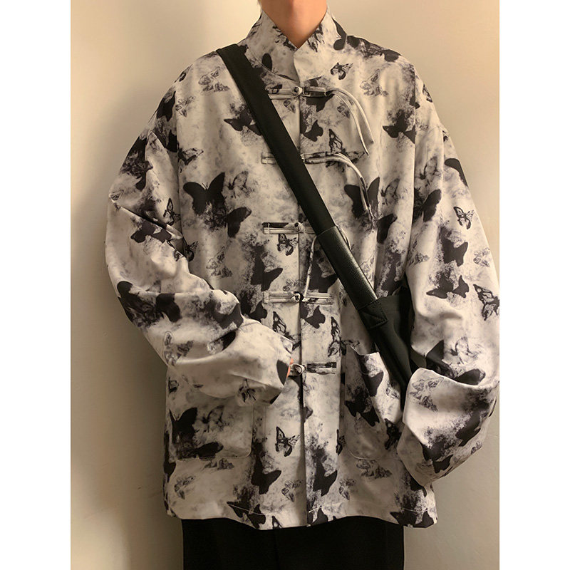 新中式E盘扣长袖衬衫男改良汉服唐装蝴蝶印花外套CS28-P68控88,男装衬衫,电商A005-1
