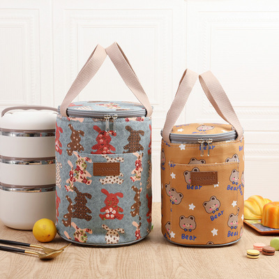 日式圆形饭盒袋上班族手提便当包保温学生铝箔加厚圆桶带饭袋子