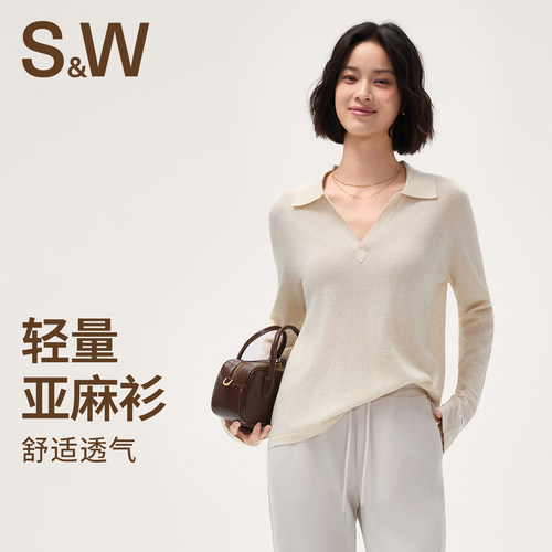 SW速惟针织衫上衣女2025早秋新款翻领亚麻透气休闲长袖薄款空调衫