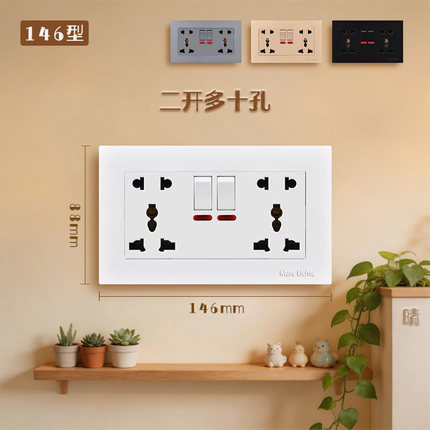 146型13A多功能二开十孔插座国际海外墙壁暗装10孔插座带开关控制