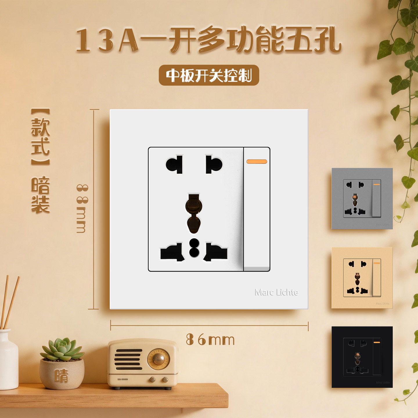 86型13A中板一开多功能五孔插座