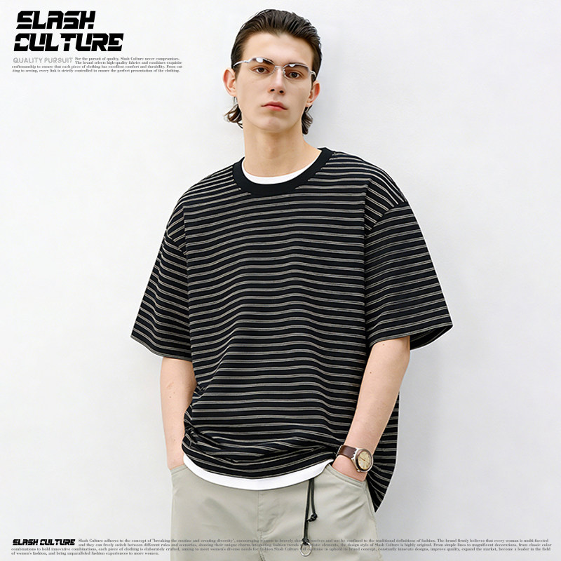 SLASH 黑底细条纹圆领短袖T恤男夏季宽松休闲日系复古重磅五分袖
