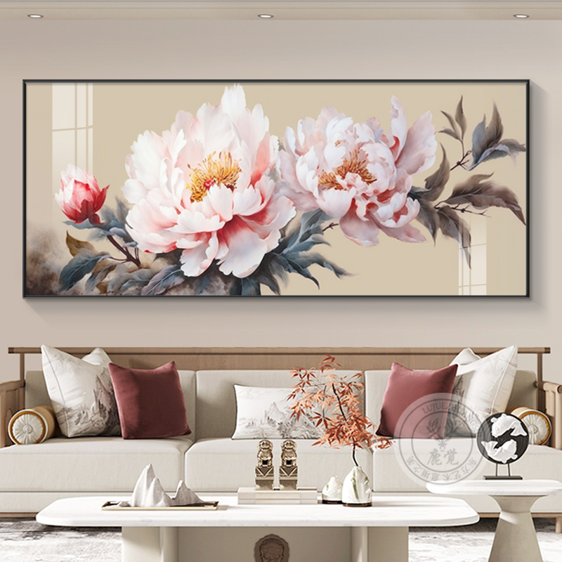 牡丹花挂画客厅沙发背景墙装饰画新中式大幅花开富贵大气晶瓷壁画图片