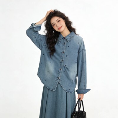 宽松休闲刺绣牛仔衬衫女2