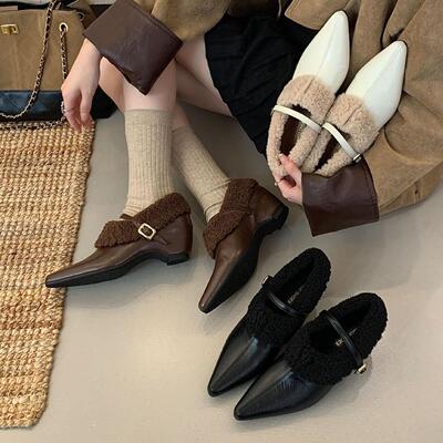 粗跟法式尖头玛丽珍单鞋女2025年秋冬季新款加绒棉鞋