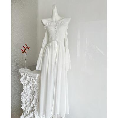 一字肩打揽开叉连衣裙修身显瘦长裙