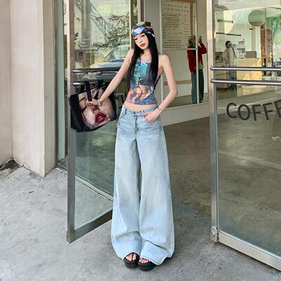 美式浅蓝色阔腿牛仔裤女2026年春夏新款直筒高腰宽松显瘦拖地裤子