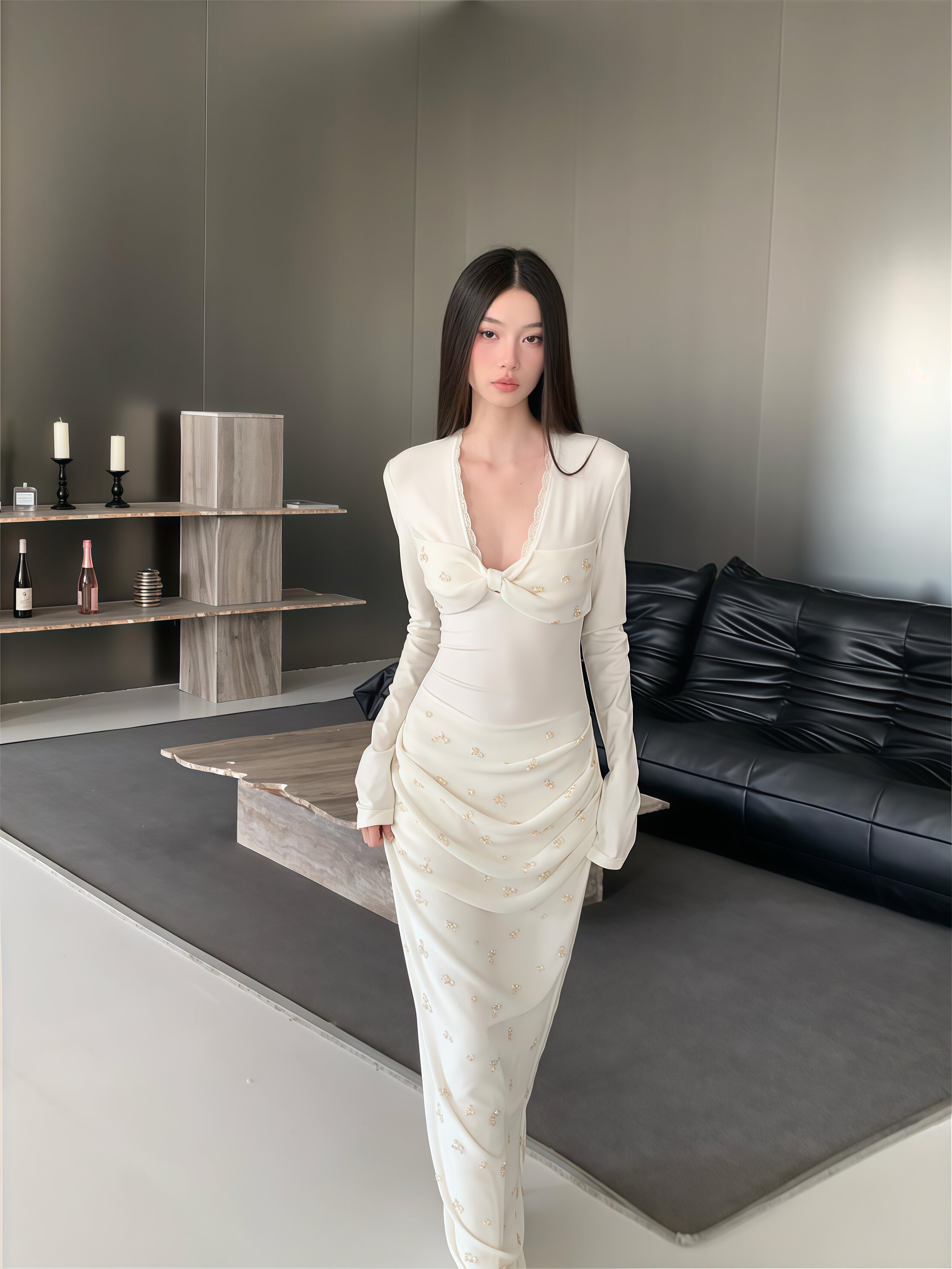 Muse修身显瘦扭结V领针织上衣重工烫金碎花褶皱鱼尾长裙轻奢长裙