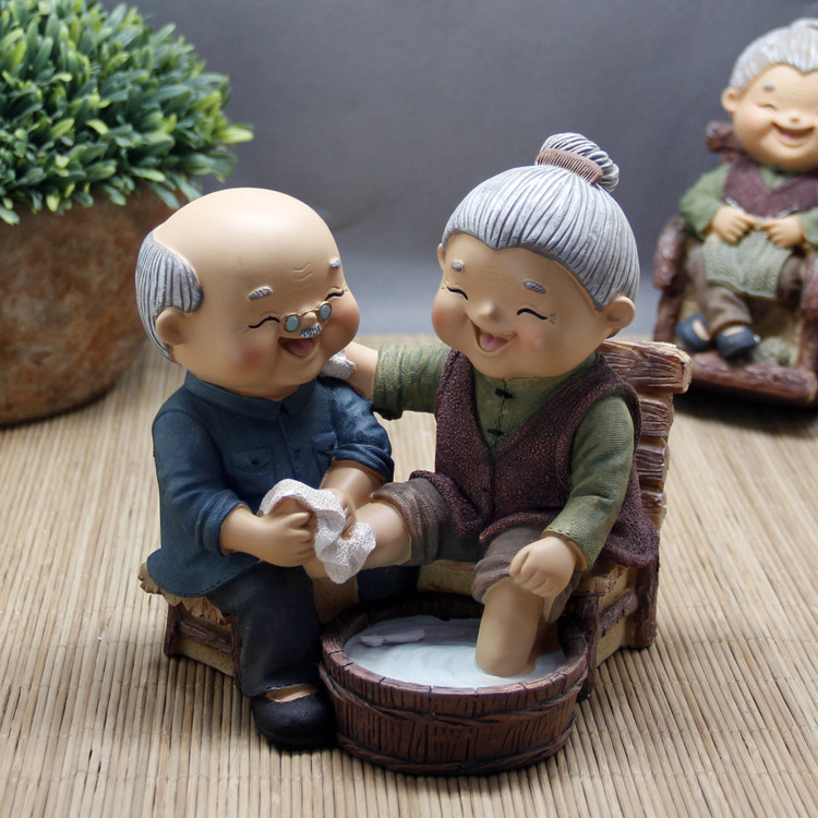 相守相伴幸福老人情侣洗脚钱罐摆件 知足常乐公婆创意储蓄罐礼物