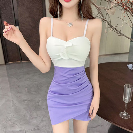 性感吊带一字领辣妹拼色木耳边包臀潮时尚名媛气质显瘦打底连衣裙