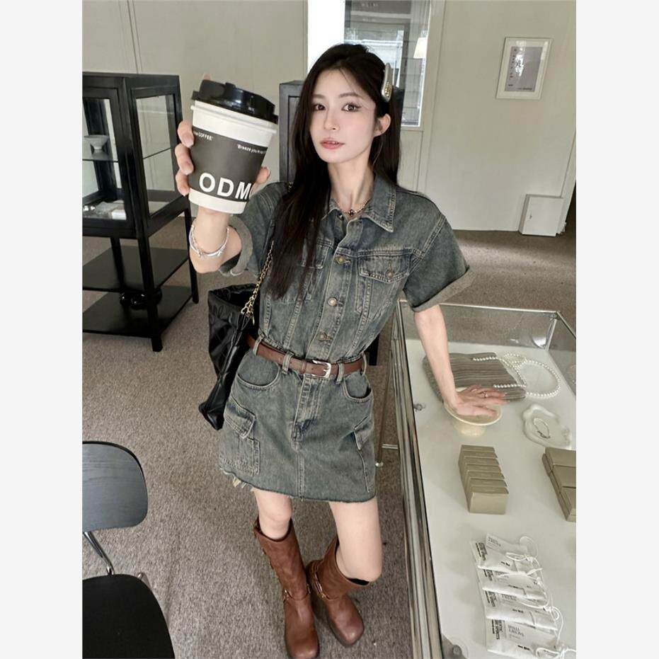 大码美式复古水洗短袖连衣裙女夏季胖MM牛仔裙梨形身材包臀短裙子