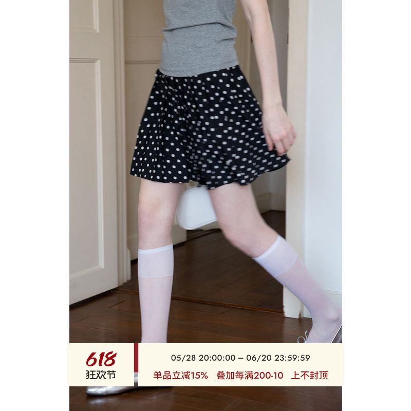 EGGKA波点细百褶雪纺半身裙女夏新款韩系防走光高腰气质A字短裙