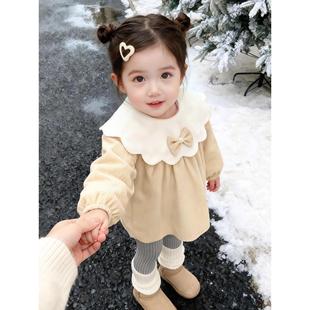 罩衣女宝宝外穿防脏洋气好看反穿衣女童蝴蝶结长袖 加厚公主连衣裙