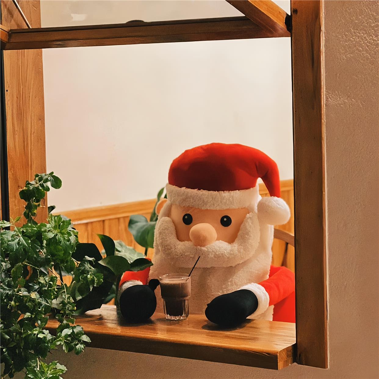 圣诞老人喝咖啡！圣诞老人玩偶毛绒公仔装饰创意店铺门口场景布置