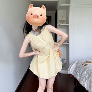 小个子黄色无袖 海边度假蓬蓬裙花苞裙 背心连衣裙子女夏季 2025新款