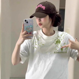 纯棉宽松慵懒风设计感小众上衣t 美式 高街短袖 白t恤女2025新款 夏季