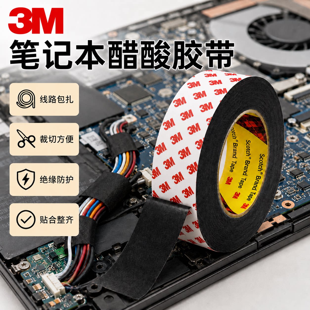 笔记本醋酸胶带3M1558T绝缘防护阻燃线束笔记本变压器线圈缠绕胶布贴合服帖抗拉易撕无痕耐高温高粘单面胶带