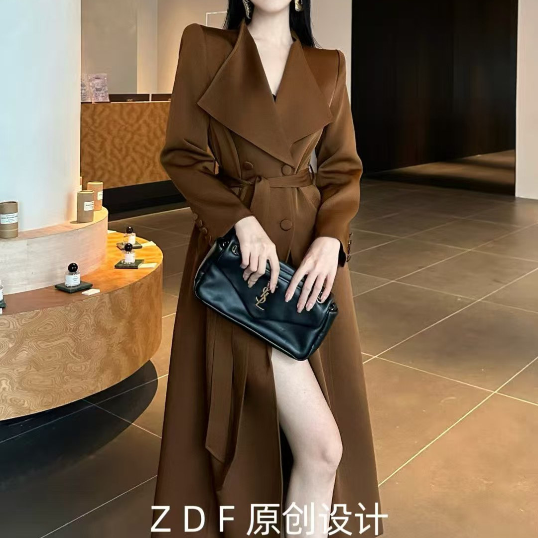 2025秋季新款韩版时尚百搭显瘦风衣外套女中长款大领子长风衣外套