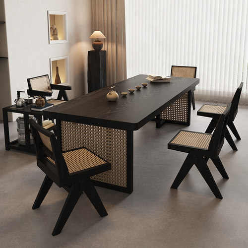 实木藤编茶台茶桌椅组合