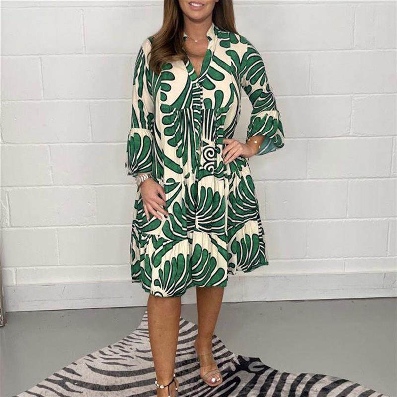Summer Women casual big size plus Dress 喇叭袖V领印花连衣裙