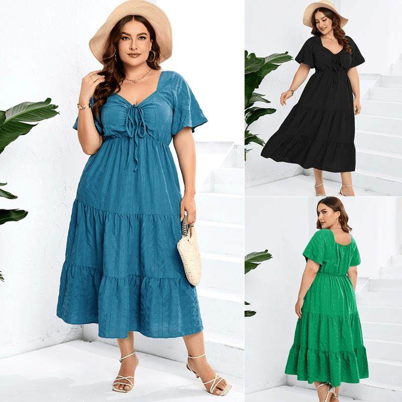 Plus size summer women dresses big size lady V-neck dress 裙