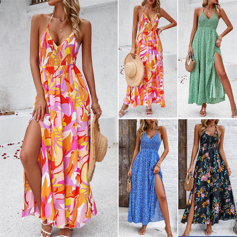 人棉女连衣裙2024 Summer Printed Split Strap Maxi Women Dress
