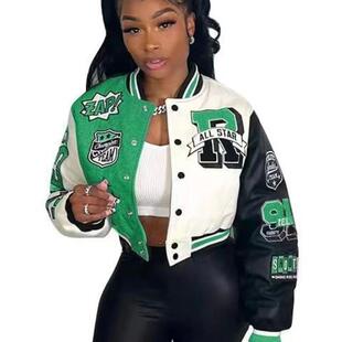 Womens color blocking printed baseball jersey拼色印花棒球服