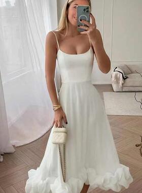 Women Elegant Party Dress 欧美吊带大摆花朵A字裙