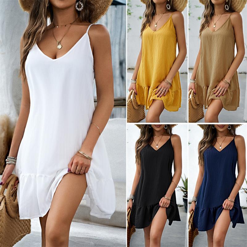 白色连衣裙短裙 Women Summer Sexy V-neck Strap Short Dresses