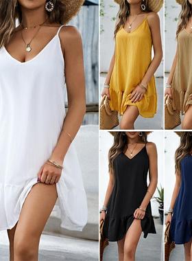 白色连衣裙短裙 Women Summer Sexy V-neck Strap Short Dresses